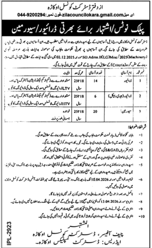 District Council Okara Jobs 2026