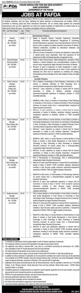 PAFDA Punjab Jobs 2026