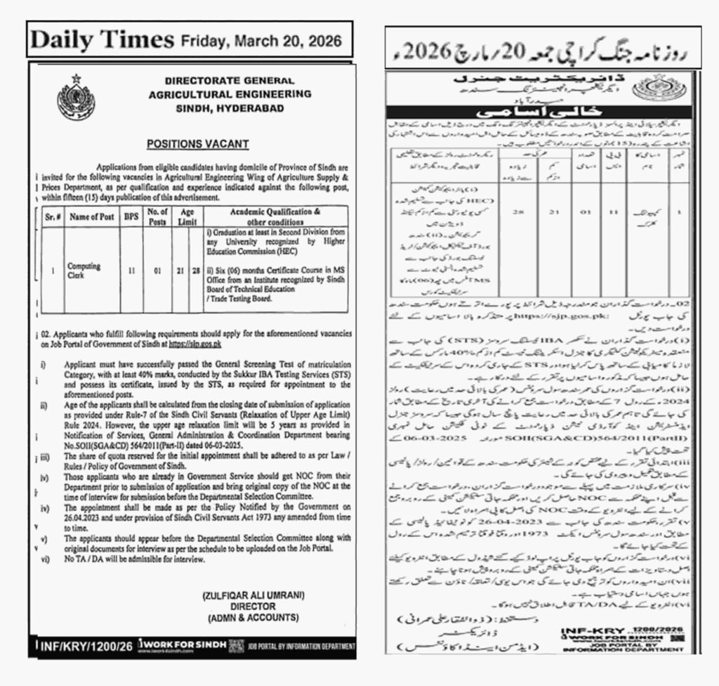 Agricultural Engineering Sindh Jobs 2026