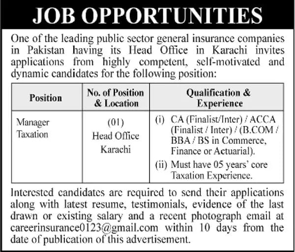 Manager Taxation Jobs 2026 Karachi