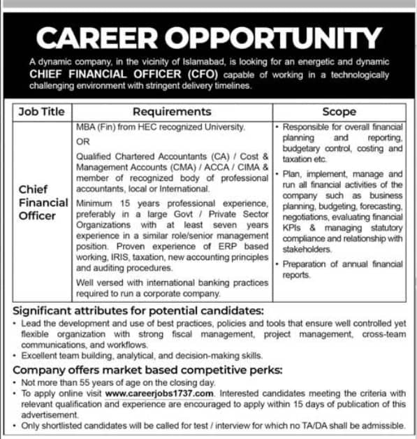 CFO Jobs 2026 Islamabad