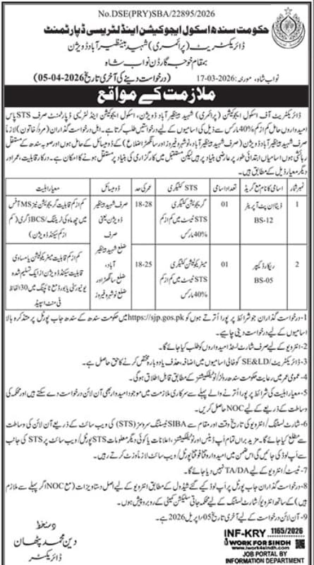 School Education Shaheed Benazirabad Division Jobs 2026