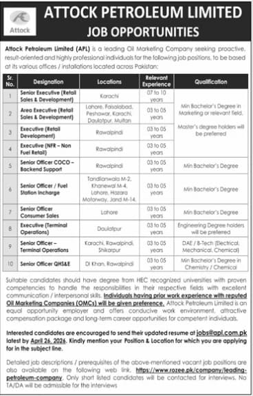 Attock Petroleum Limited Jobs 2026