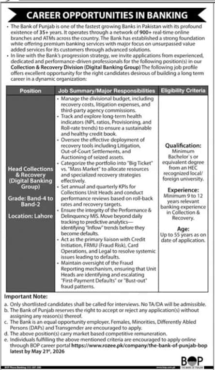 Bank of Punjab Jobs 2026