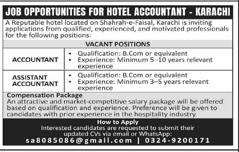 Hotel Accountant Jobs 2026 Karachi
