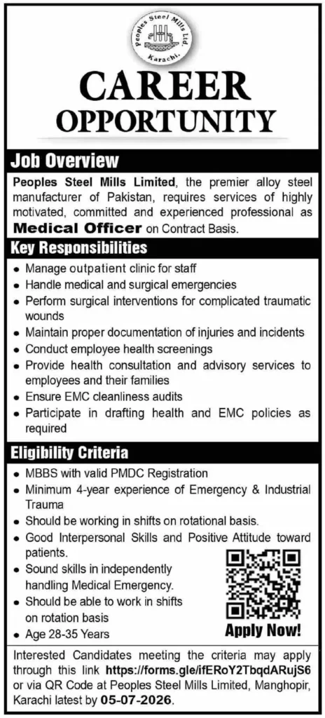Peoples Steel Mills Medical Officer Jobs 2026