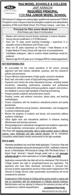PAA Junior Model School Principal Job 2026